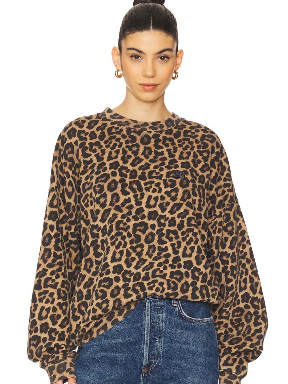 NWT ANINE BING Miles Sweatshirt Leopard 100% Cotton Crewneck Medium Brown Black
